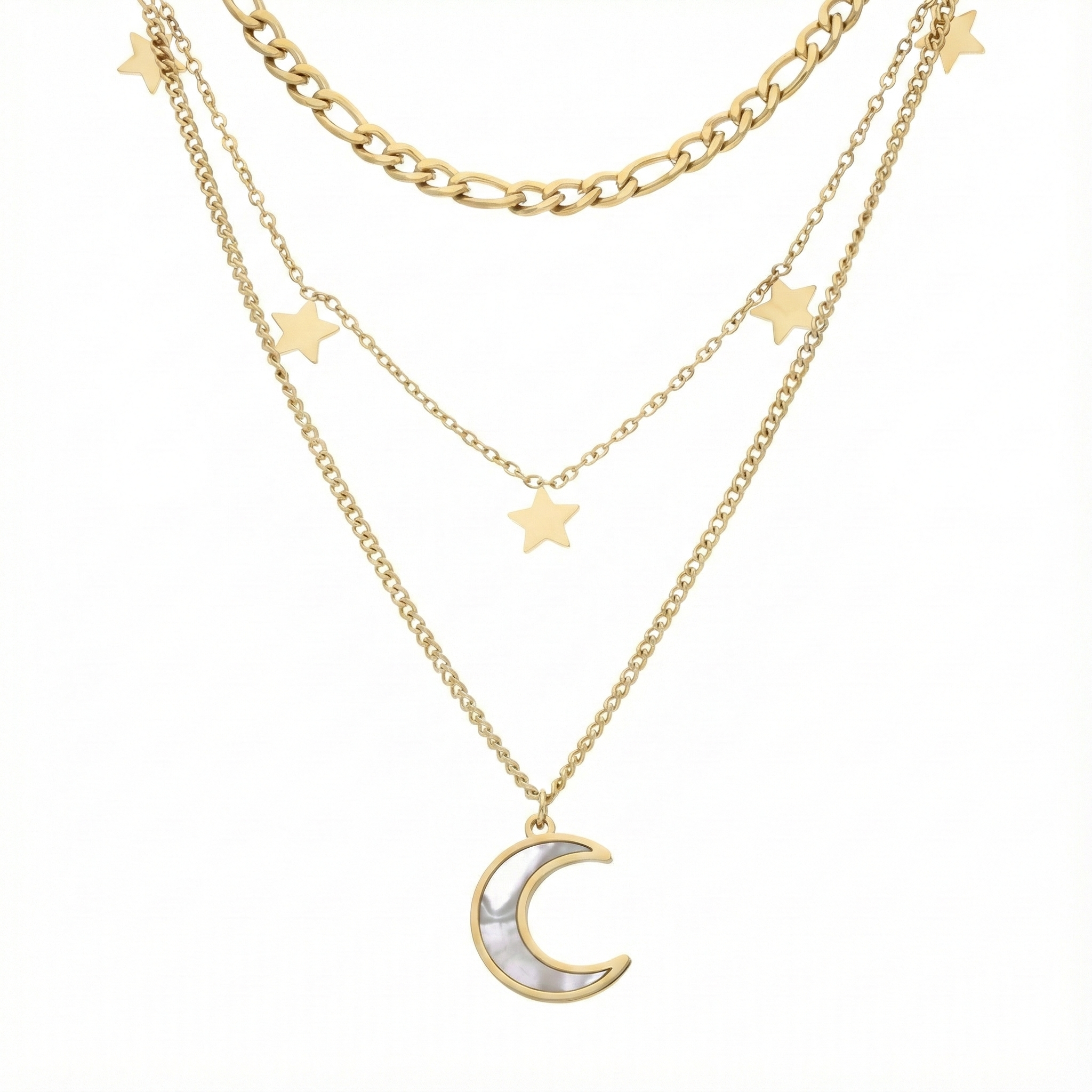Collier superposé lune et étoiles en acier inoxydable doré